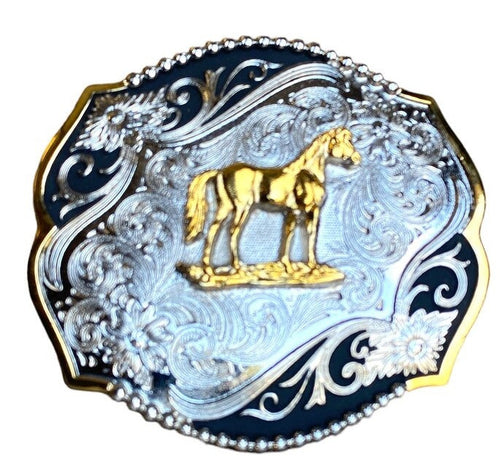 Western Standing Horse Scalloped Belt Buckle