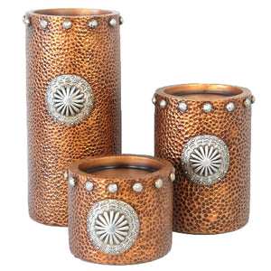 Faux Hammered Copper with Concho Pillar Candle Holder Set