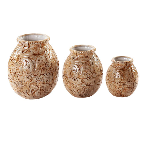 Chestnut Tooled Leather Vase Set - 3 Piece