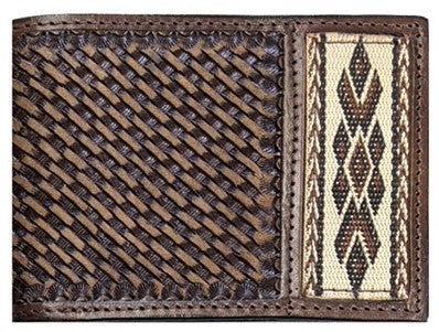 Western Bi-Fold Wallet with Tapestry Edge and Basketweave Leather - Earthtone