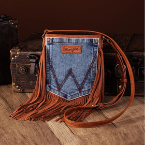Wrangler Leather Fringe Jean Denim Pocket Crossbody - Choose From 6 Colors