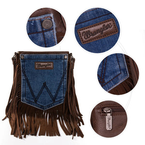 Wrangler Leather Fringe Jean Denim Pocket Crossbody - Choose From 6 Colors