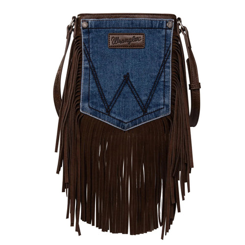 Wrangler Leather Fringe Jean Denim Pocket Crossbody - Choose From 6 Colors