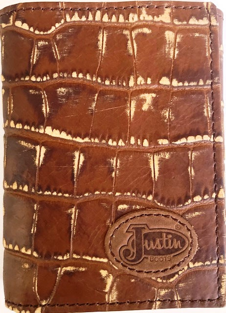 Justin Croc Leather Distressed Tri-Fold Wallet