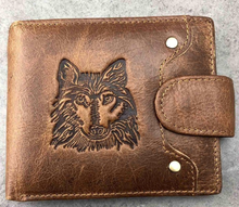 Load image into Gallery viewer, Leather Bi-Fold Wallet with Embossed Wolf Head