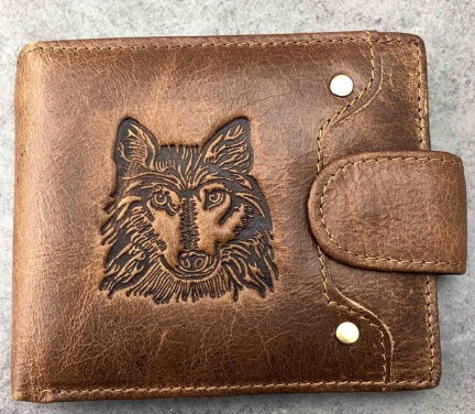 Leather Bi-Fold Wallet with Embossed Wolf Head