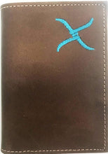 Load image into Gallery viewer, Twisted-X Brown Distressed Tri-Fold Wallet with Turquoise Embroidered Logo