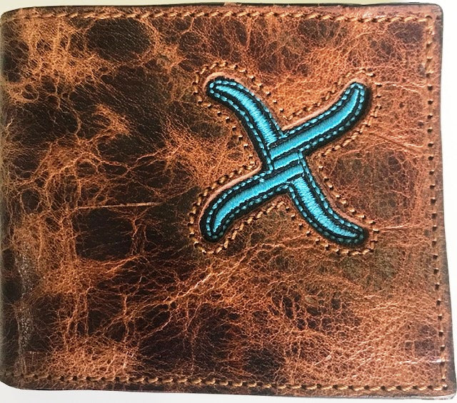 Twisted X Tan Distressed Bi-Fold Wallet with Turquoise Logo
