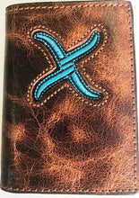 Load image into Gallery viewer, Twisted X Tan Distressed Tri-Fold Wallet with Turquoise Logo