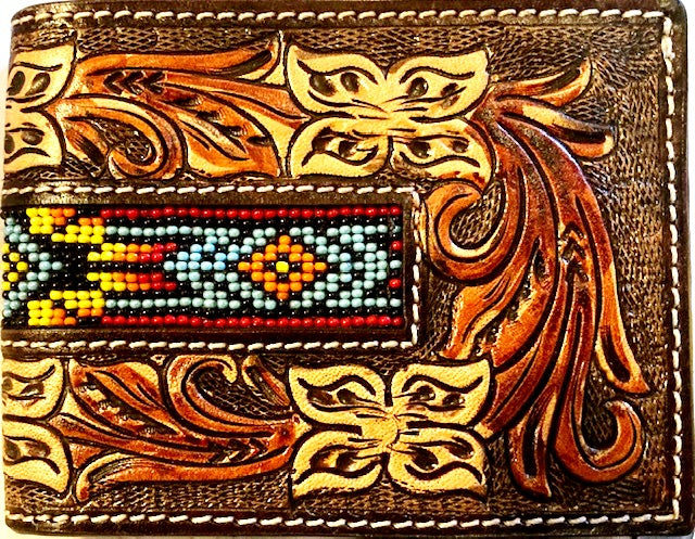 Twisted X Tan Tooled Bi-Fold Wallet Hand Painted with Beads