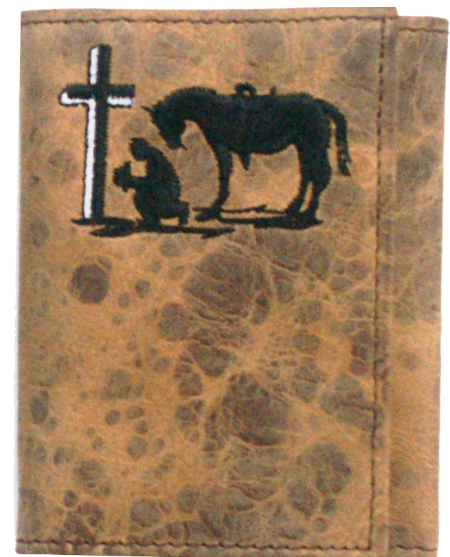 Twisted X Tan Tooled Tri-Fold Wallet with Praying Cowboy
