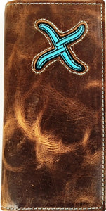Twisted-X Distressed Brown Rodeo Wallet with Blue Embroidered Logo