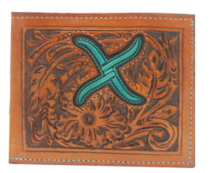Twisted X Tan Tooled Bi-Fold Wallet with Turquoise Logo