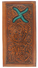 Load image into Gallery viewer, Twisted X Tan Tooled Rodeo Wallet with Turquoise Logo
