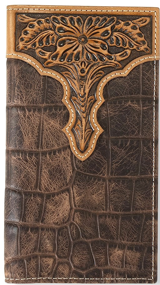 Western Croc and Floral Embossed Brown Leather Rodeo Wallet