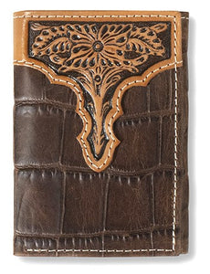 Western Croc and Floral Embossed Brown Leather Tri-Fold Wallet