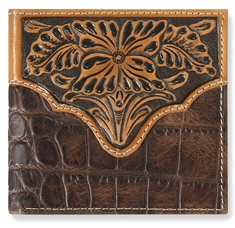Western Croc and Floral Embossed Brown Leather Bi-Fold Wallet
