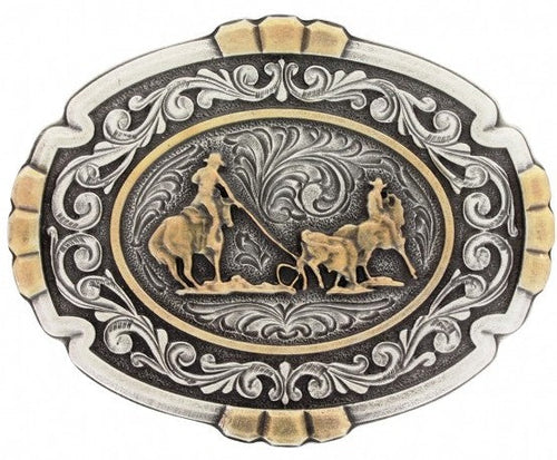 Two Tone Team Roper Cameo Portrait Oval Belt Buckle