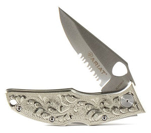 Ariat Folding Plain/Serrated Knife Silver - 2 Sizes Available