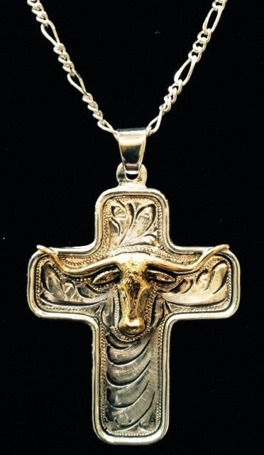 (AASNK157P) Western Silver & Gold Longhorn Cross Necklace