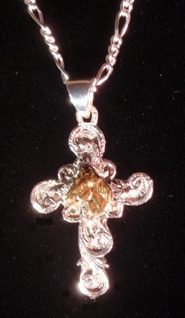 (AASNK162Q) Western Silver Cross Necklace with Gold Horsehead