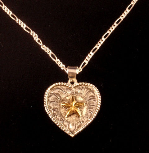 (AASNK192ST) Western Silver Heart Necklace with Gold Star