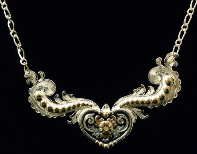 (AASNK59) Western Silver, Gold & Black Scroll Heart Necklace