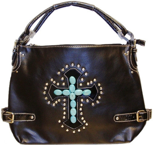 (APAT148MBK) Black Leather Purse with Turquoise Cross on Hair-On