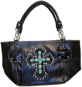 (APAT723M) Western Ladies' Black Leather Purse with Turquoise/Hair-On Cross