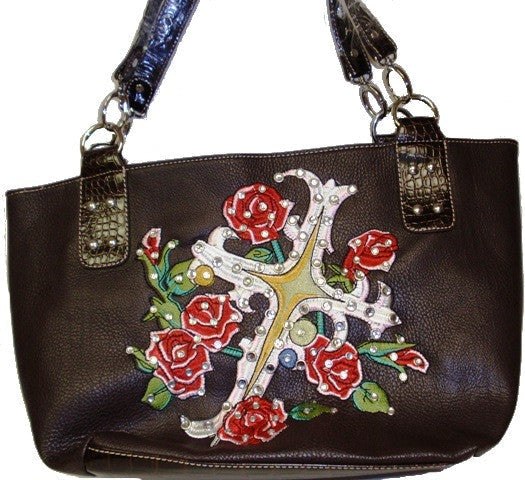 (APBZ7234) Western Leather Tote Bag with Embroidered Cross and Stones