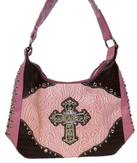(APEW931PK) Western Two-Toned Tooled Leather Purse with Rhinestone Cross Pink