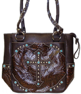 (APTT5762A-BRN) Western Leather Brown Purse with Cross in Turquoise Stones