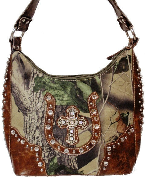 (APWD931) Western Camo Purse with Horseshoe and Cross