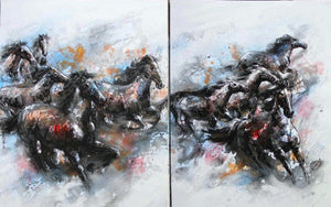 (AU9AN0182) "Stampeding Horses" Western 2-Piece Gallery Wrapped Oil Painting