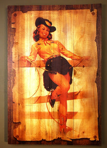 (AUW130005) "Showgirl with Yellow Shirt" Western Wooden Plank Art