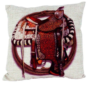 (AUW130012) "Saddle with Black & White Blanket" Burlap Accent Pillow