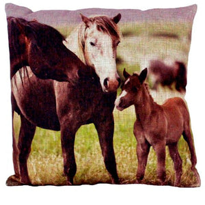 (AUW130025) "Family of 3 Horses" Western Burlap Accent Pillow