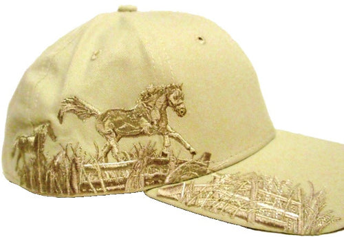 (AWST-AC19) Western Embroidered Galloping Horse Cap - Khaki