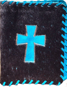 Genuine Cowhide Bible Cover with Cross - Dark Brown & Turquoise