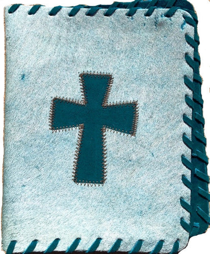 Genuine Cowhide Bible Cover with Cross - White & Turquoise
