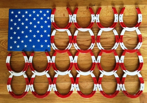 (BLA55) American Flag Welded Horseshoes Wall Art