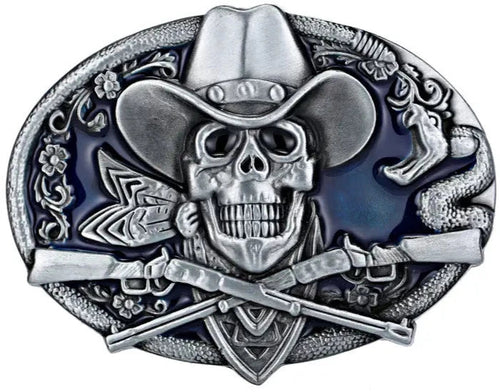 Cowboy Skull Metal Belt Buckle - Blue