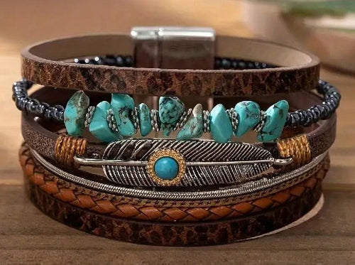 Western Wrap Bracelet with Feather & Turquoise Stones