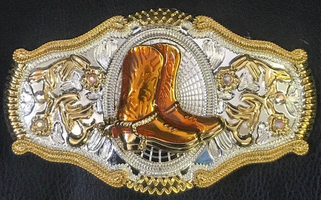 Cowboy or Cowgirl Western Boots Belt Buckle - Silver With Gold
