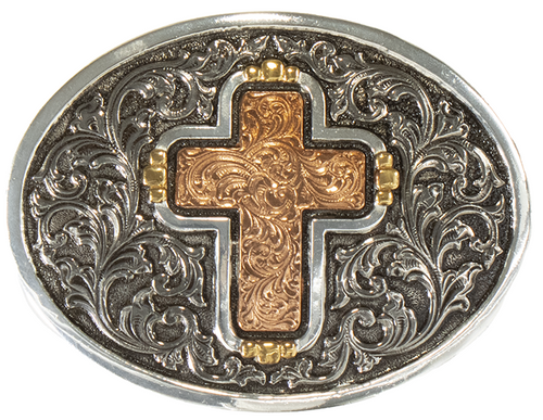 Western Oval Buckle with Floral Engraved Cross