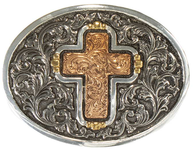 Western Oval Buckle with Floral Engraved Cross