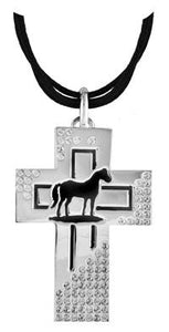 (CDS-TBNC1035SH) "Standing Horse" Silver & Black Cross Necklace