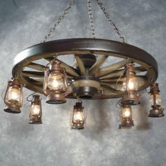 (CHDWWLSL-AR) Western Large Wagon Wheel Chandelier with Antique Rustic Lanterns
