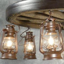 Load image into Gallery viewer, (CHDWWLSL-AR) Western Large Wagon Wheel Chandelier with Antique Rustic Lanterns