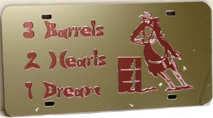 (CLD-BRPKLT) "3 Barrels, 2 Hearts, 1 Dream" Barrel Racer Mirrored License Plate Pink Light